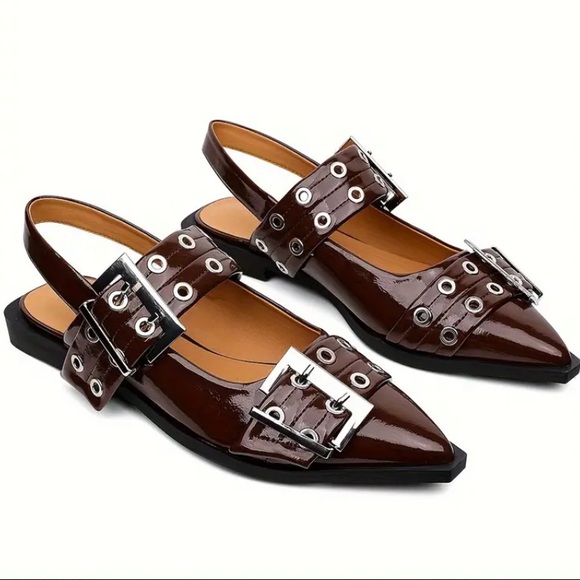 New Double Buckle Ballet Flats Silver NWT Brown Slip On Pointed Toe Faux Leather - Picture 1 of 8